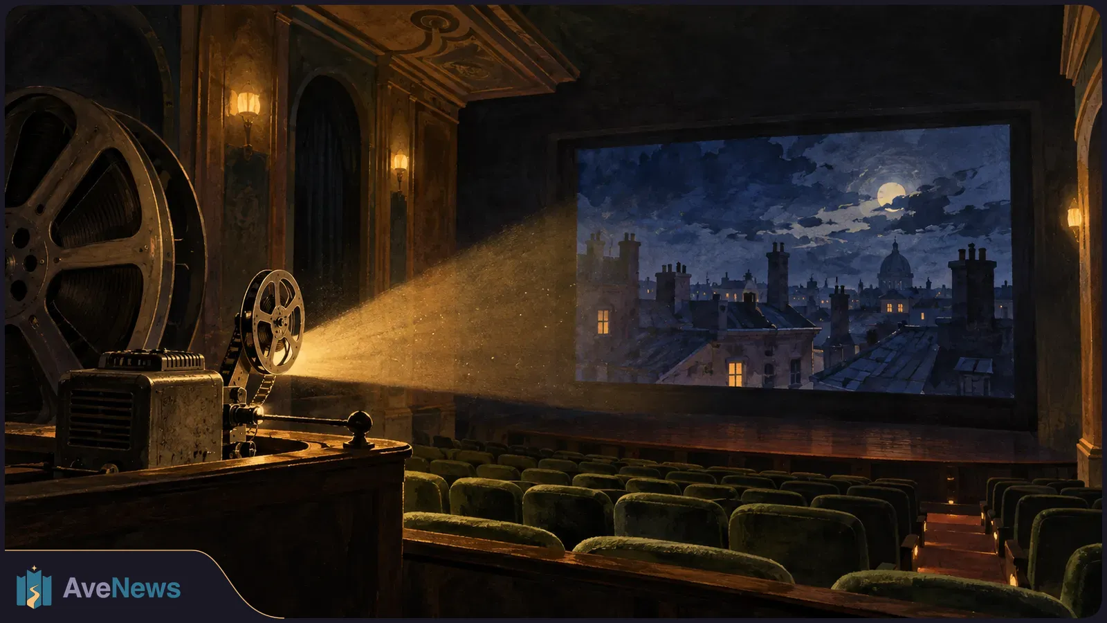 An old film projector casts a beam across an empty theater toward a screen showing moonlit city rooftops. SI illustration