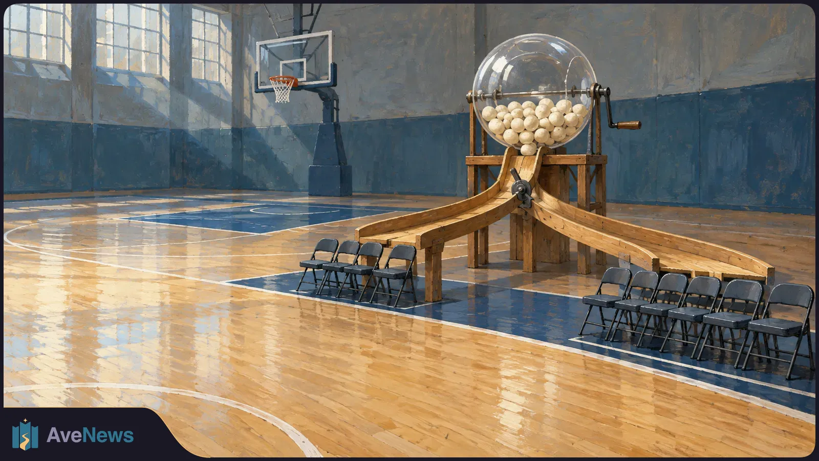 In a painted, empty basketball gym, a clear drum of pale balls connects to two wooden ramps beside unequal rows of folding chairs. A hoop stands in the background. SI illustration