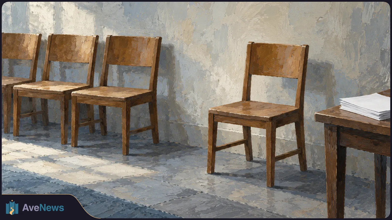 Painterly illustration of four wooden chairs against a pale wall, with one set apart beside a table holding a stack of papers. SI illustration