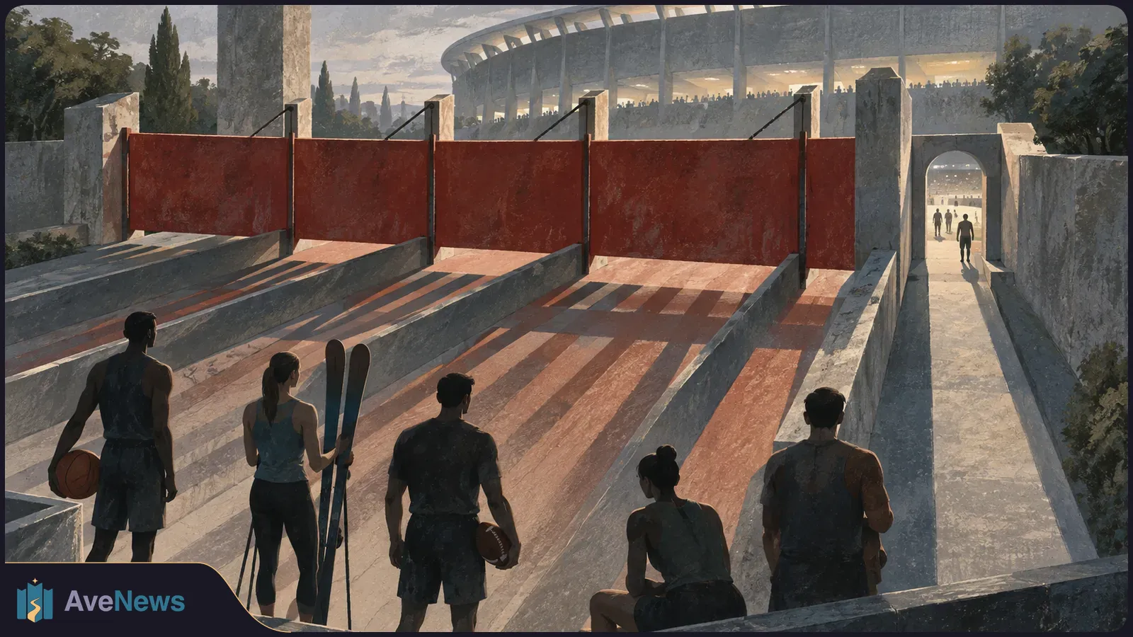 Five athletes carrying balls and skis face red barriers blocking lanes to a stadium; a narrow passage on the right remains open. SI illustration