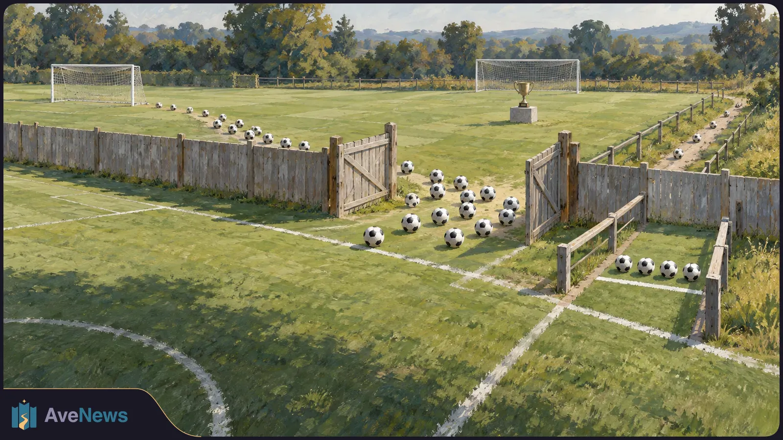 A painted soccer field with open wooden gates, many soccer balls scattered along paths and across the grass, two goals, and a trophy on a pedestal. SI illustration