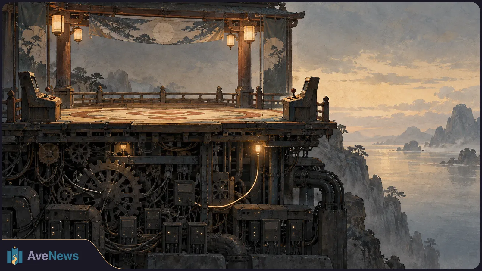 Illustrated platform with two arcade-style control stations and hanging lanterns above exposed gears and pipes, overlooking misty mountains and water. SI illustration