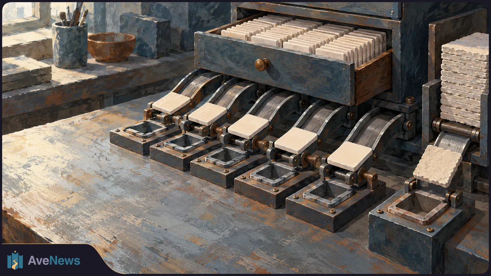 Painted illustration of a worn machine with five parallel levers beneath a drawer of identical pale tiles. A separate lever and a stack of rough tiles sit at right. SI illustration