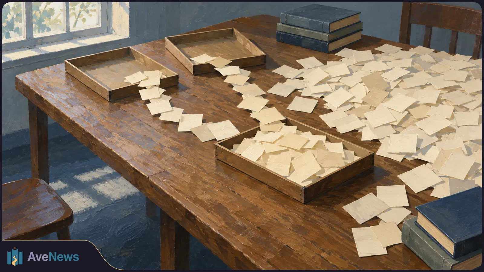 Painterly view of a wooden table scattered with blank paper slips, shallow trays and stacks of plain books beside a sunlit window. SI illustration