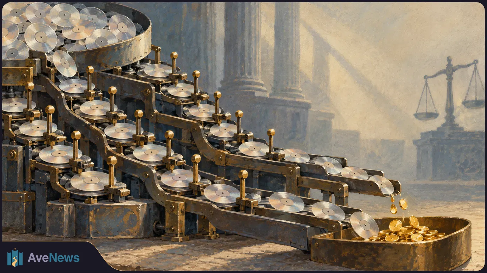 Illustration of a machine feeding rows of silver discs toward a basin of gold coins, with courthouse columns and scales of justice in the background. SI illustration