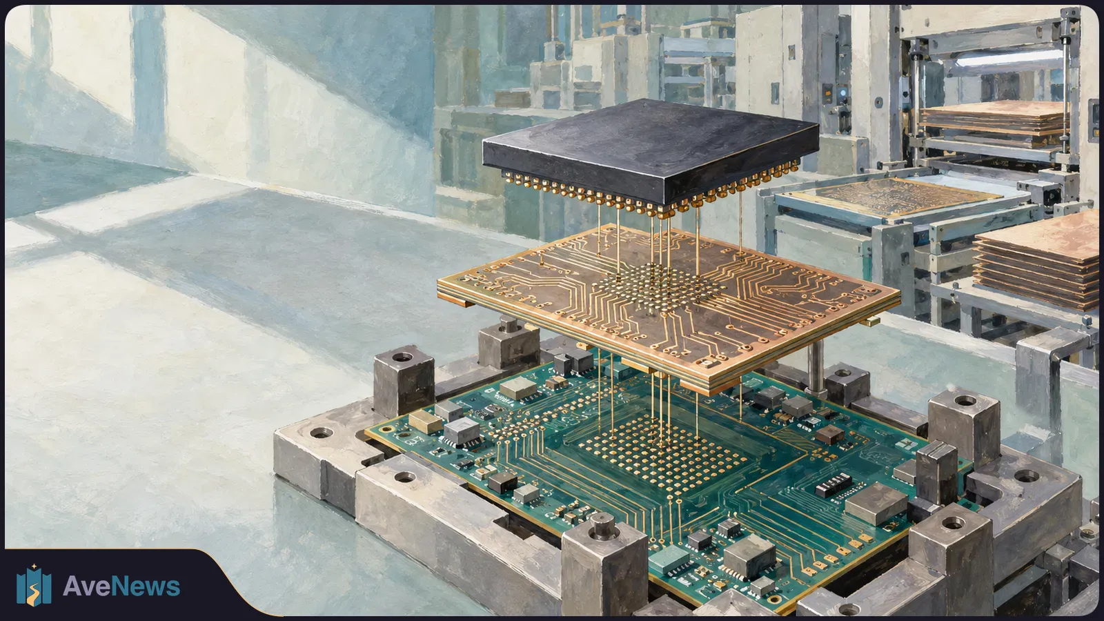 Painterly factory scene showing a chip above a patterned package substrate and a larger green circuit board, aligned as if being assembled. SI illustration