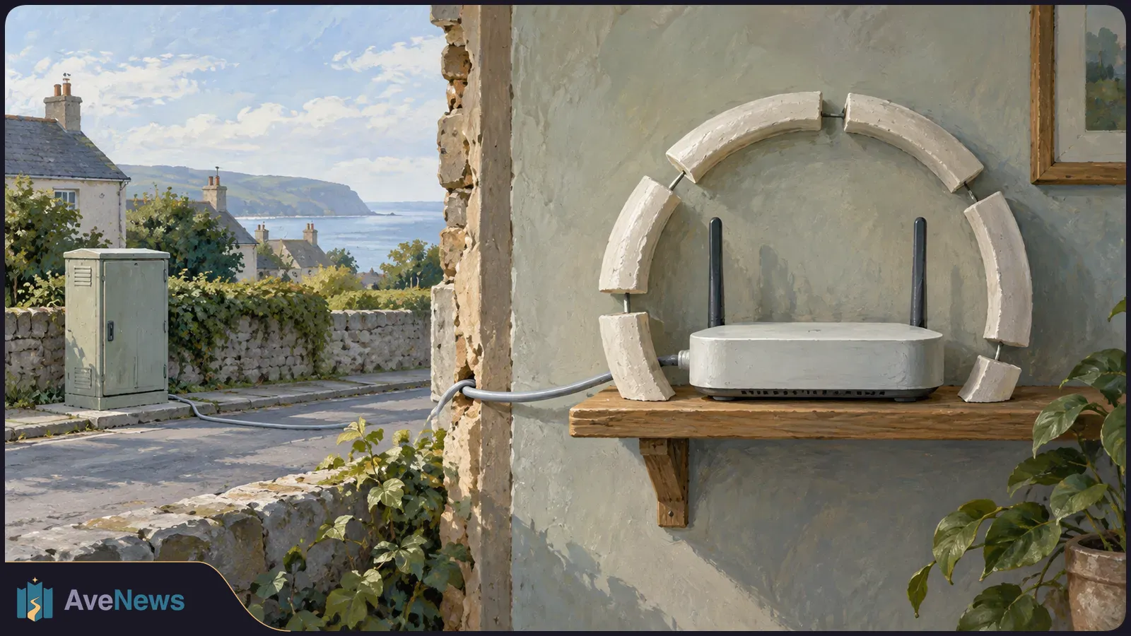 Painted scene of a white router on a shelf, framed by broken signal arcs and linked by a cable to a roadside utility cabinet in a coastal village. SI illustration
