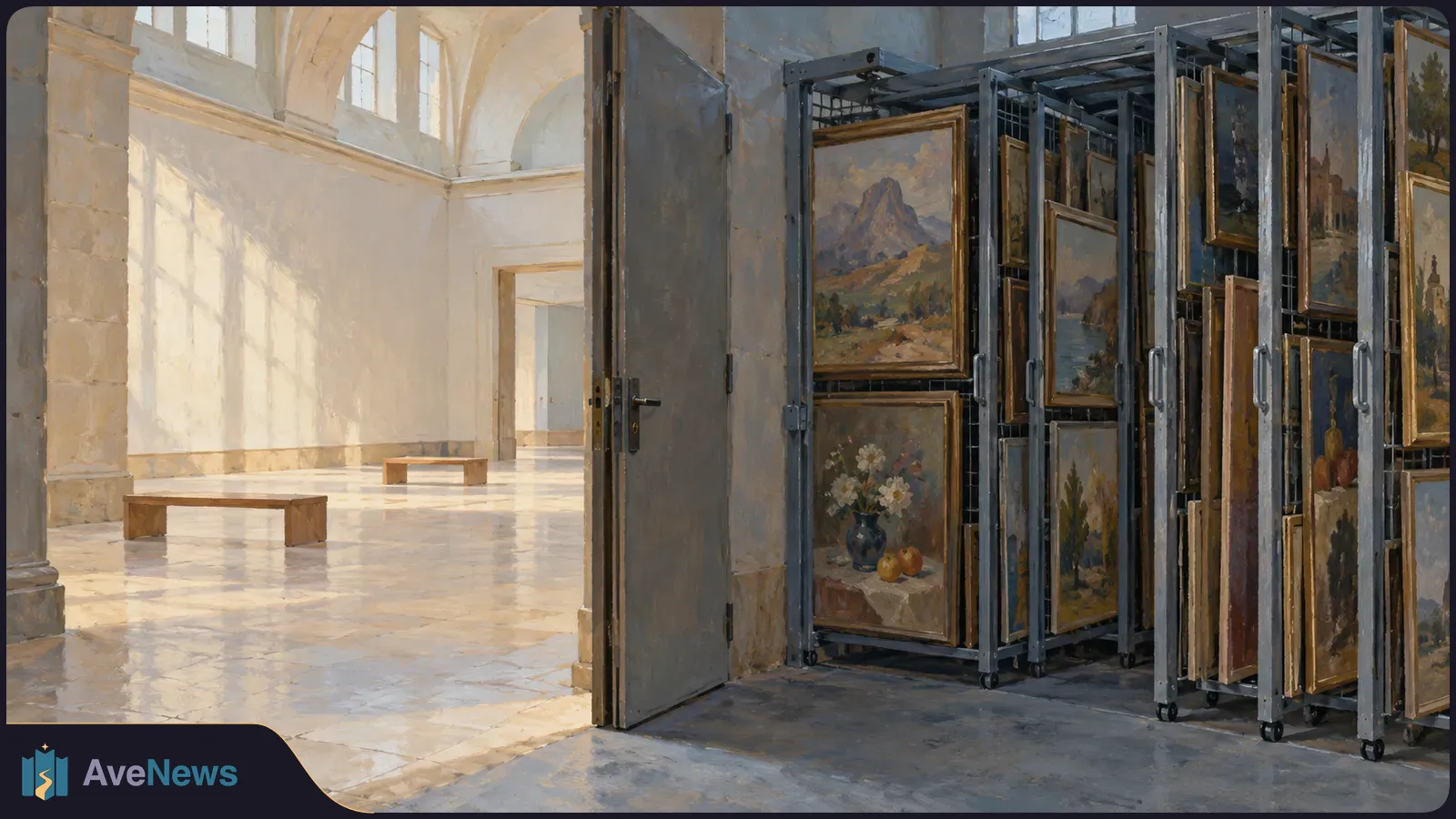 Framed landscape and still-life paintings hang on rolling storage racks beside a sunlit, empty gallery with two benches. SI illustration