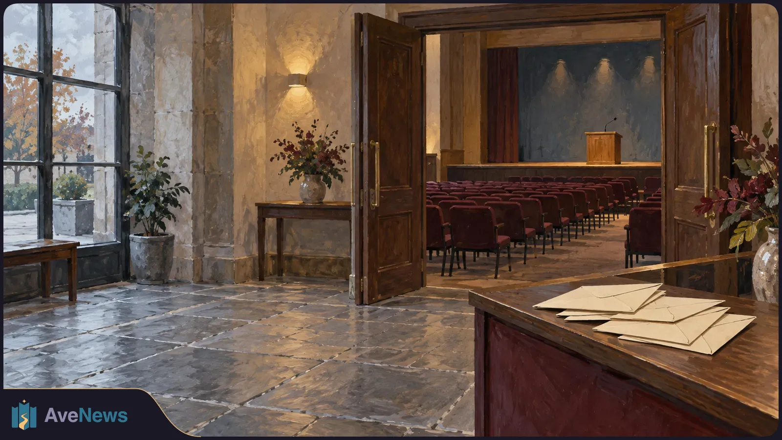 Unmarked envelopes lie on a desk outside an empty lecture hall with rows of red seats and a wooden podium. SI illustration