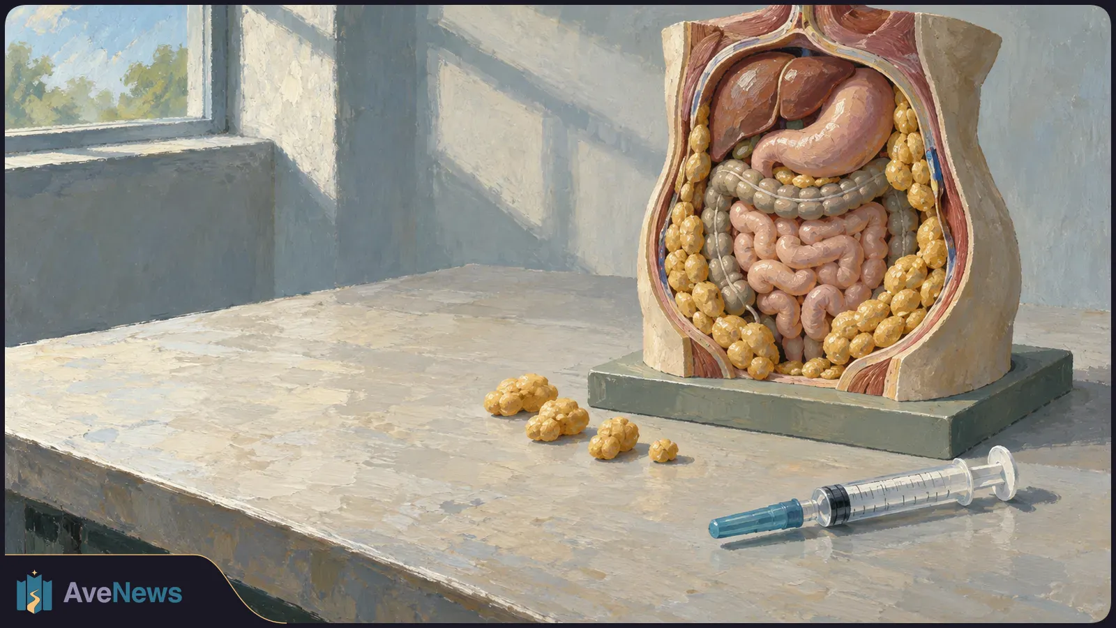 A painted anatomical torso model shows abdominal organs and yellow fat-like clusters. A syringe and several yellow clusters lie on the table beside it. SI illustration