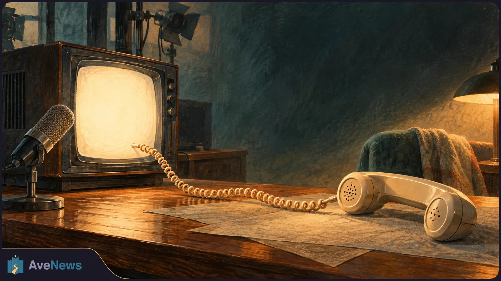 Painted scene of a glowing vintage television, a desk microphone, and a cream telephone handset on a wooden table, with its coiled cord reaching toward the screen. SI illustration