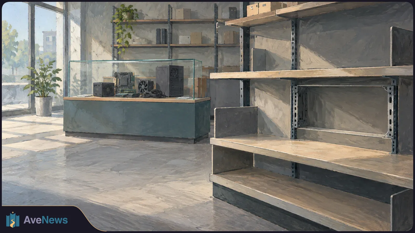 Painted electronics shop with mostly empty shelves and computer parts in a glass display case. SI illustration