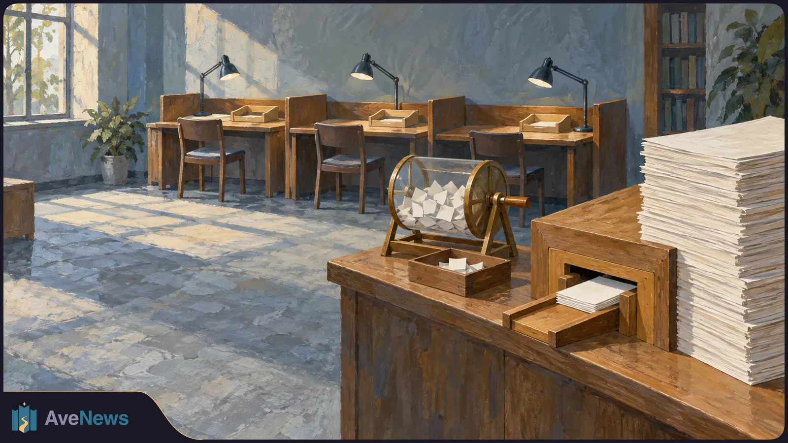 Painted room with three empty desks and lamps. A transparent drum of folded paper slips sits beside a tall stack of blank sheets in the foreground. SI illustration