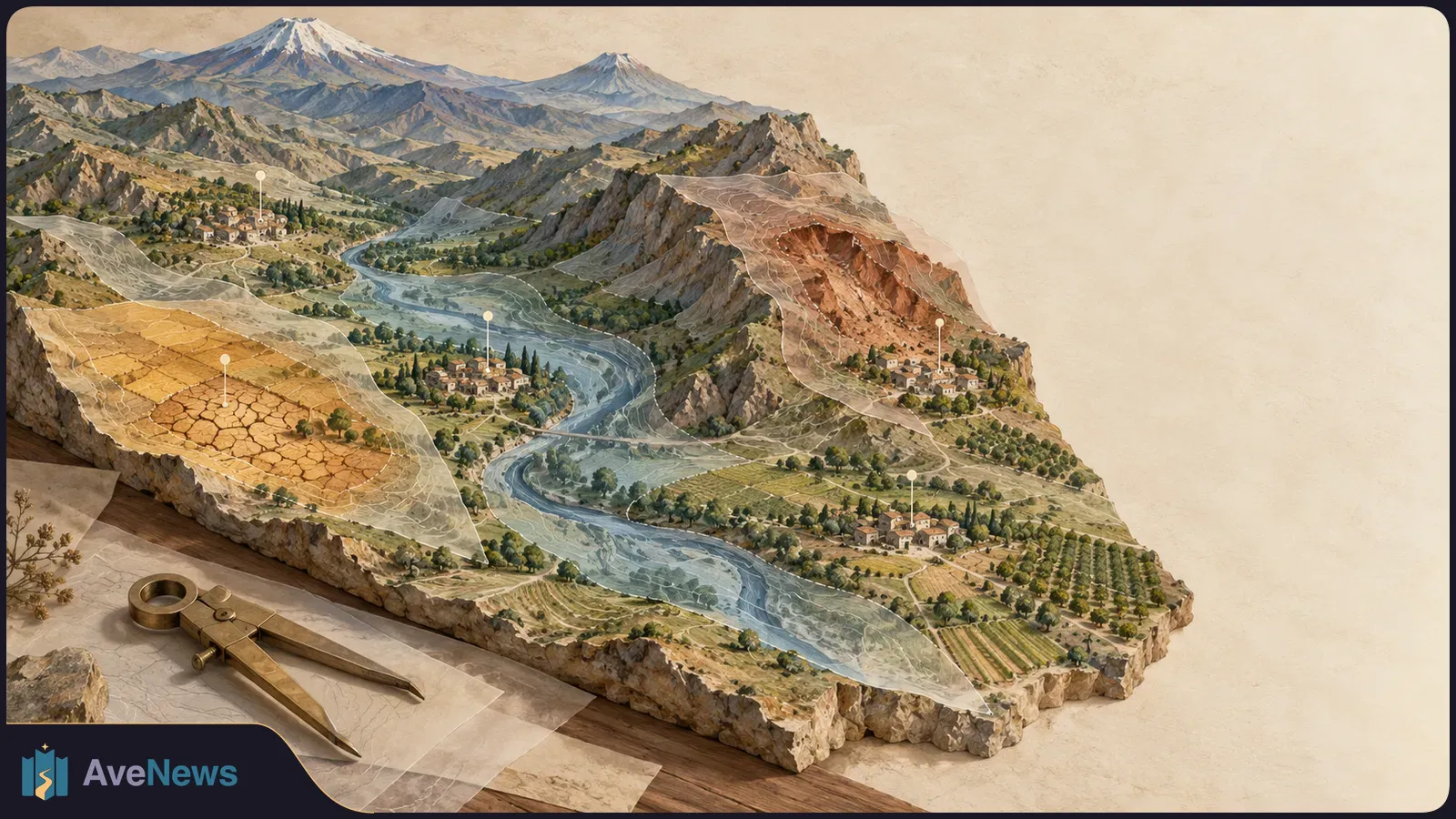 Illustrated mountain landscape with a winding river, villages and fields; translucent map layers mark cracked dry ground and a landslide. A drafting compass lies in the foreground. SI illustration