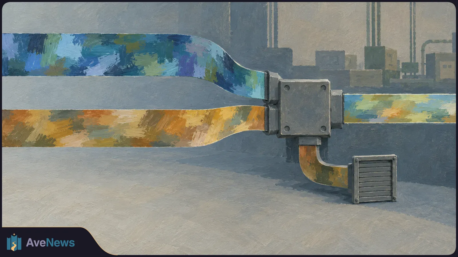 Painterly illustration of three broad, multicolored bands feeding into a gray junction box, with a curved pipe leading to a vent and industrial silhouettes behind. SI illustration