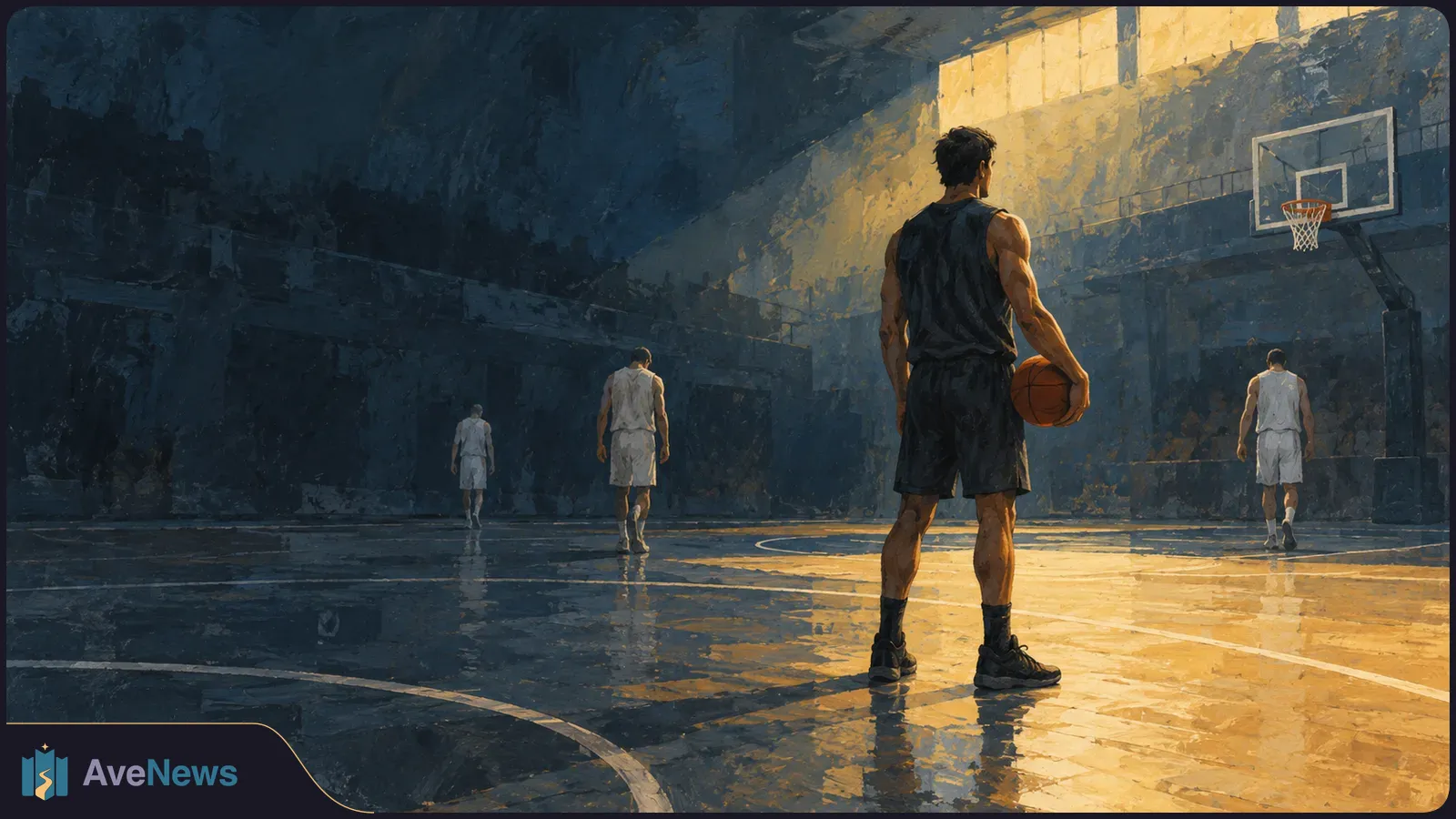 Painterly illustration of an indoor basketball court. A player in a dark uniform holds a ball in the foreground, with three players in white near the far hoop. SI illustration