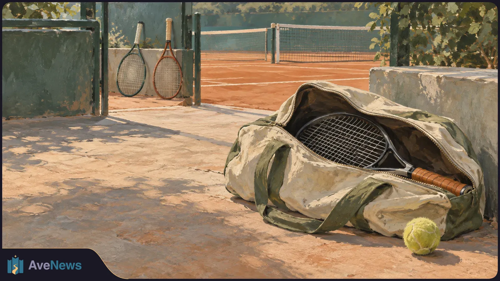 An open tennis bag with a racket and ball sits beside an empty clay court; two more rackets lean by the gate, with a net beyond. SI illustration
