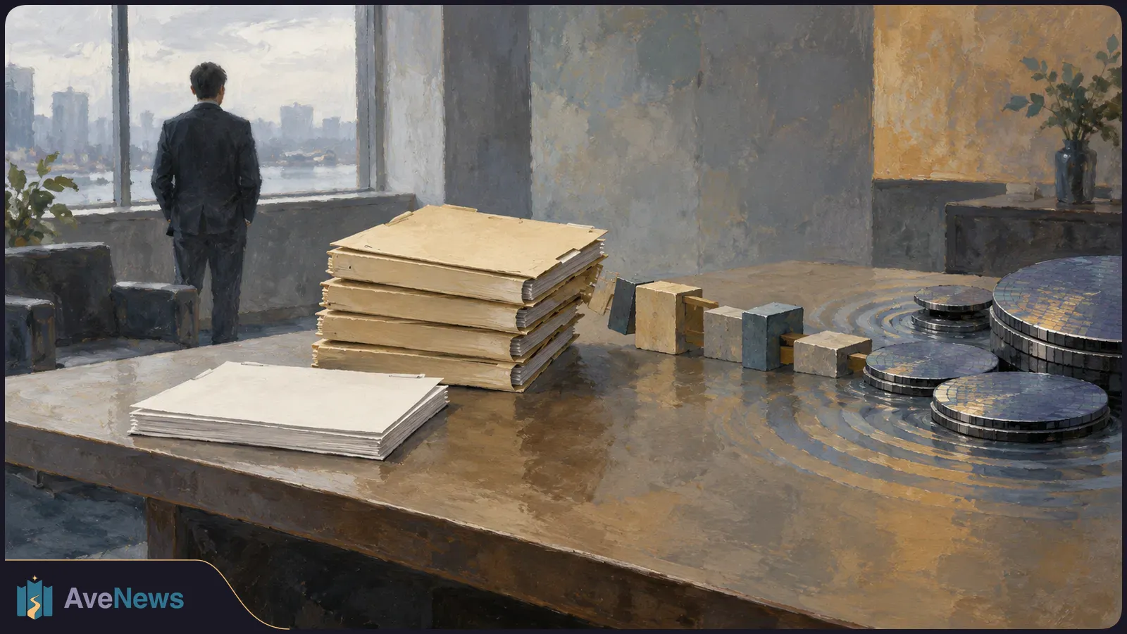 Painterly office scene with a suited figure looking out a window. Stacks of blank papers, folders, blocks and round discs sit on a large table. SI illustration
