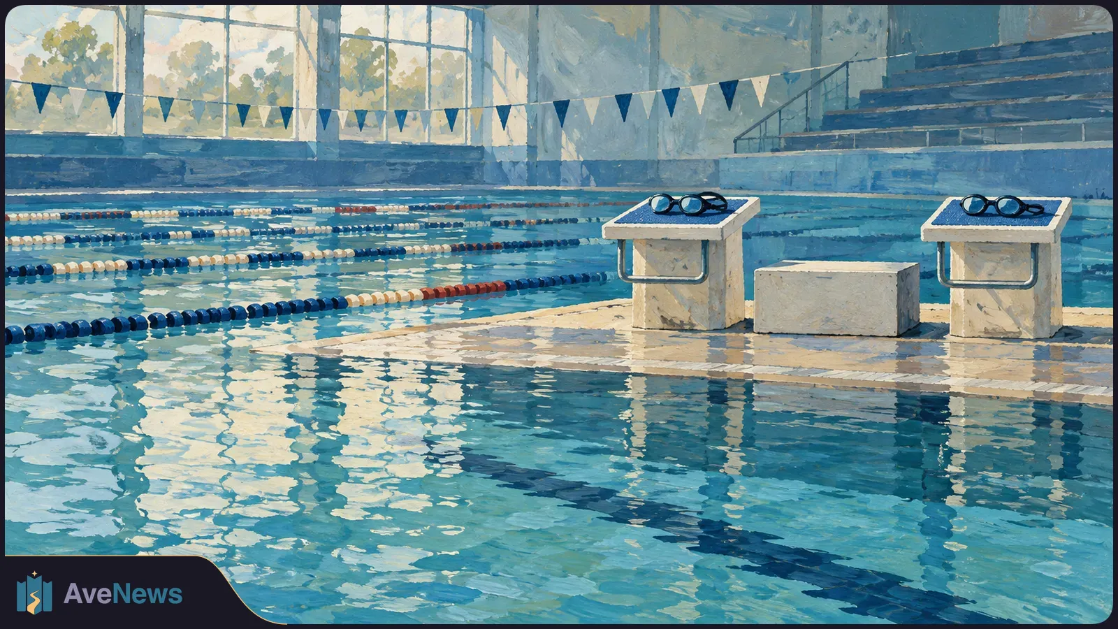 Painted indoor swimming pool with lane ropes, two starting blocks topped with goggles, and empty spectator stands. SI illustration
