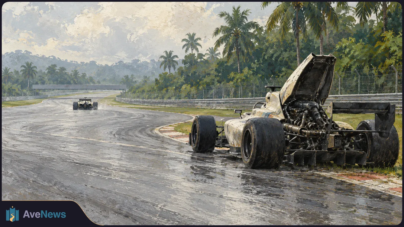 A painted scene of a race car stopped beside a wet, palm-lined circuit with its rear engine cover raised; another car drives away in the distance. SI illustration