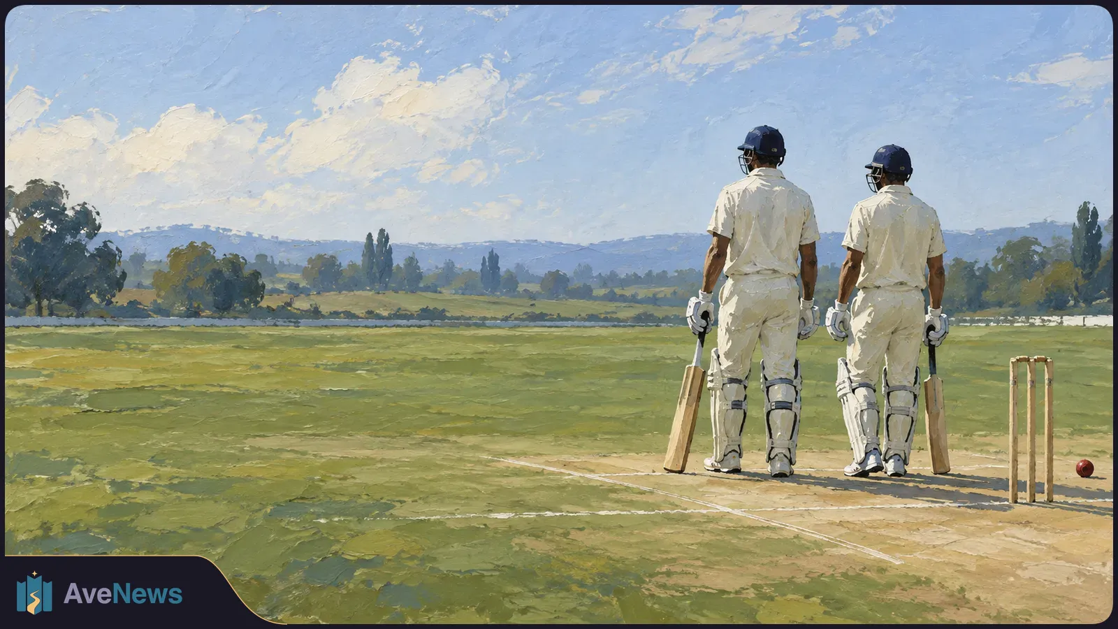 Painting of two cricketers seen from behind, holding bats on a grassy field. Wickets and a red ball stand nearby beneath a cloudy sky. SI illustration