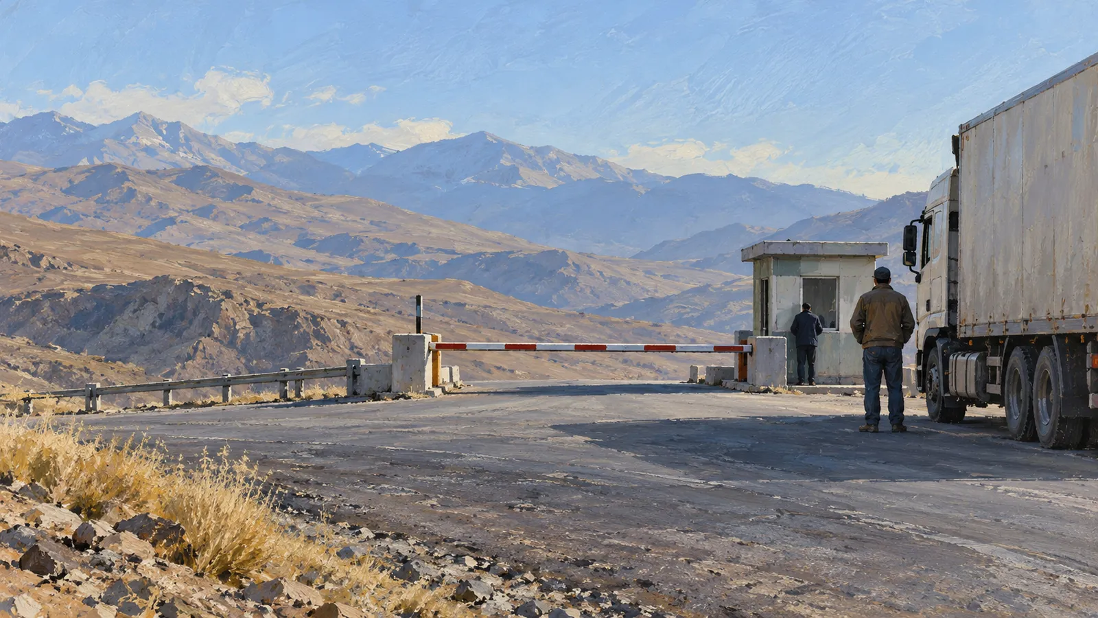 A truck and two people stand by a lowered barrier and a small roadside booth, with dry mountains in the background. SI illustration