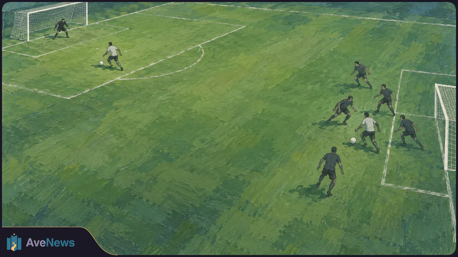 Painted overhead view of a soccer field: one player in white approaches a goal and goalkeeper, while another dribbles among dark-clad players near a second goal. SI illustration