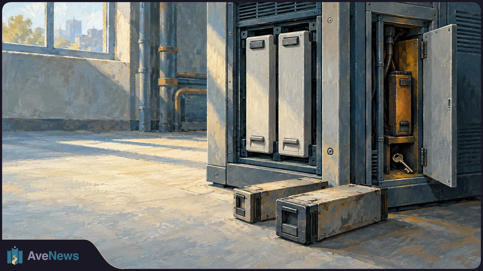 Painted illustration of an open metal equipment cabinet, with a key in a side compartment and two rectangular metal units on the floor beside it. SI illustration