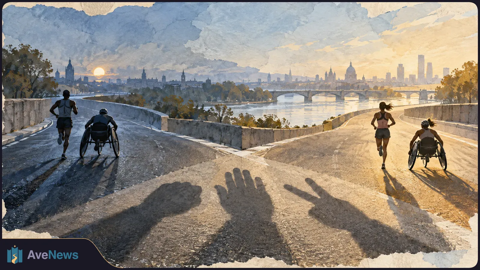 Watercolor-style illustration of a road splitting beside a river, with two runners and two wheelchair racers heading toward a city skyline. Rock, paper and scissors shadows cross the foreground. SI illustration