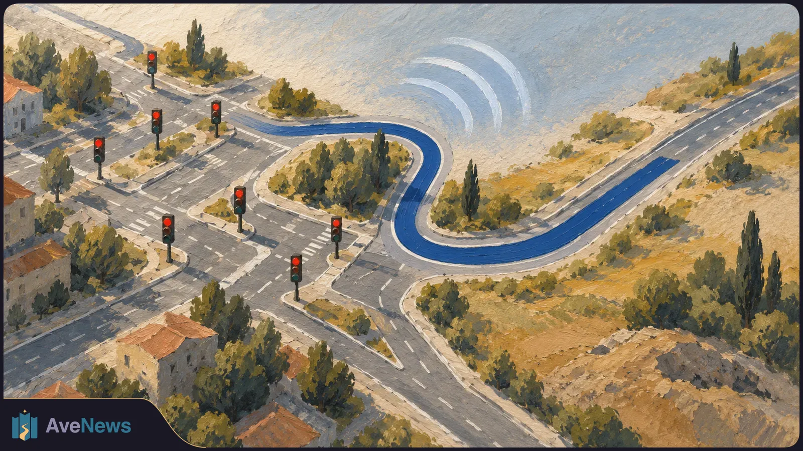 Painted aerial view of empty roads with red traffic lights and a winding blue route through dry hills, trees and scattered houses. White arcs rise above the route. SI illustration