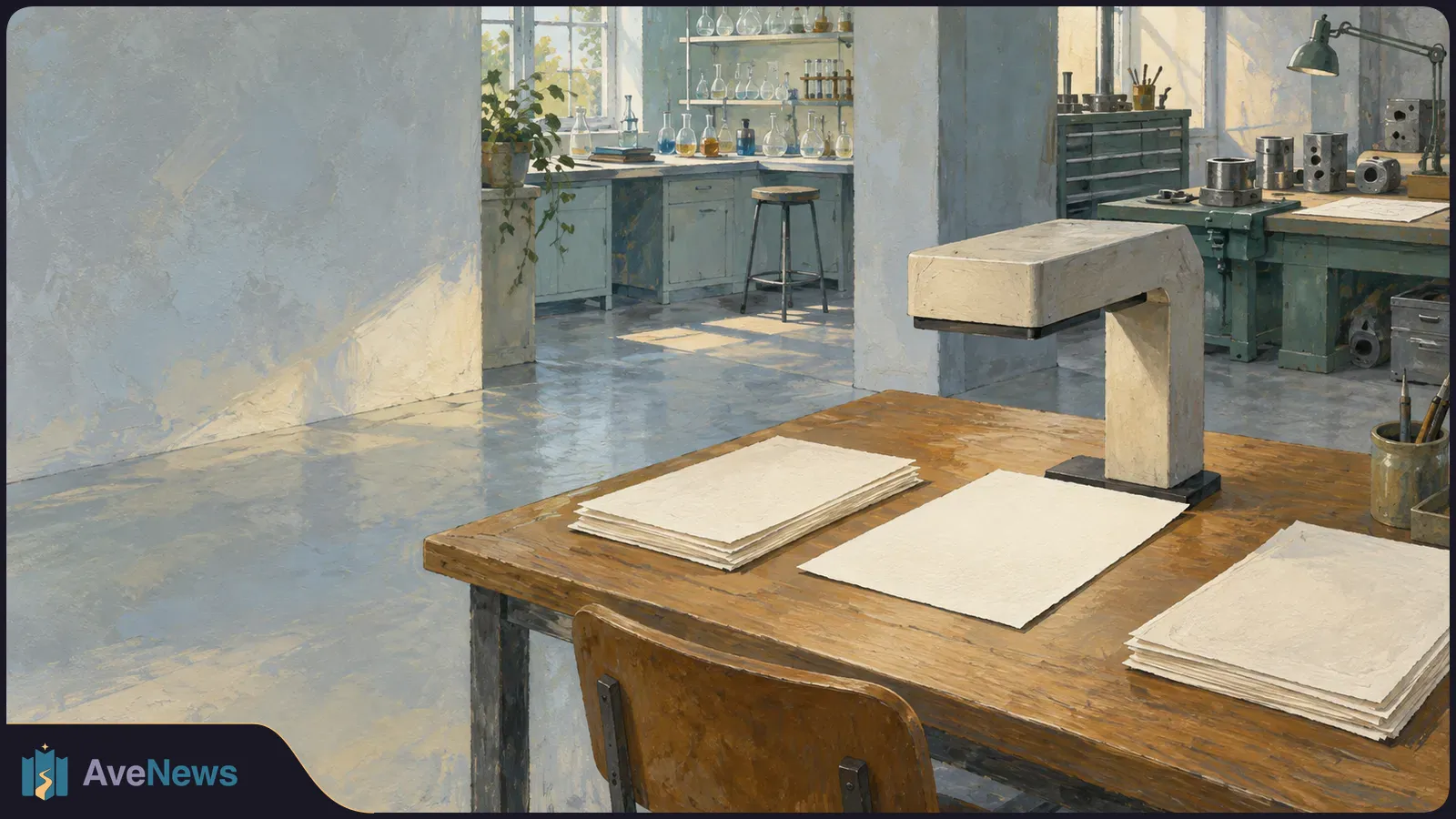 Painted, sunlit workspace with blank sheets on a wooden desk beneath an L-shaped fixture; glassware and equipment sit in the background. SI illustration