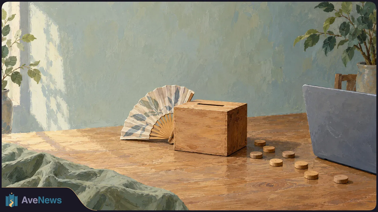 A painted tabletop scene with a slotted wooden box, an open folding fan, scattered wooden discs and the back of a laptop, with plants nearby. SI illustration
