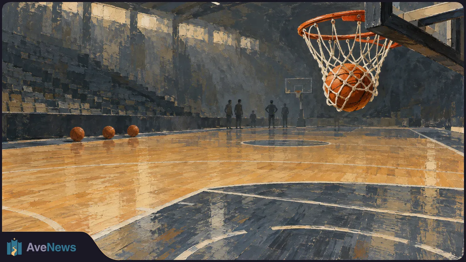 Painted basketball court with a ball in the near hoop, three balls by the sideline and five distant figures near the far basket. SI illustration