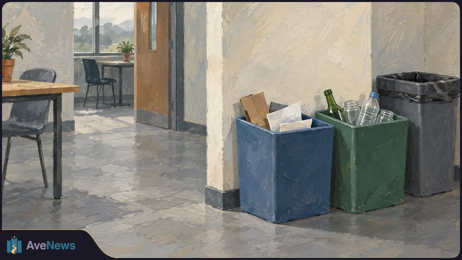 Painted office interior with a blue bin holding paper and cardboard, a green bin holding bottles and jars, and a black rubbish bin beside them. SI illustration