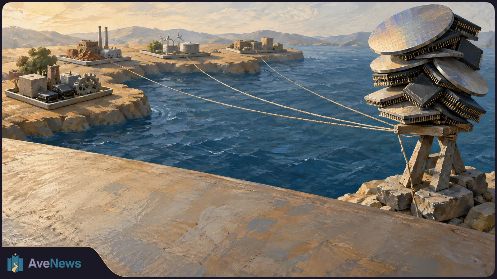 Painted coastal scene with a stack of computer chips on a wooden stand, connected by cables across blue water to small islands with factories, wind turbines and buildings. SI illustration