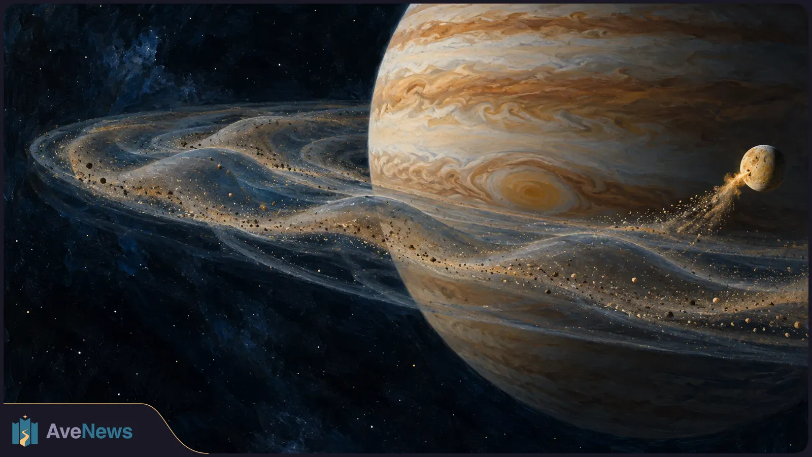 Painted view of Jupiter with a broad, wavy, particle-speckled disk. A small moon trails a plume into the disk against a dark star field. SI illustration