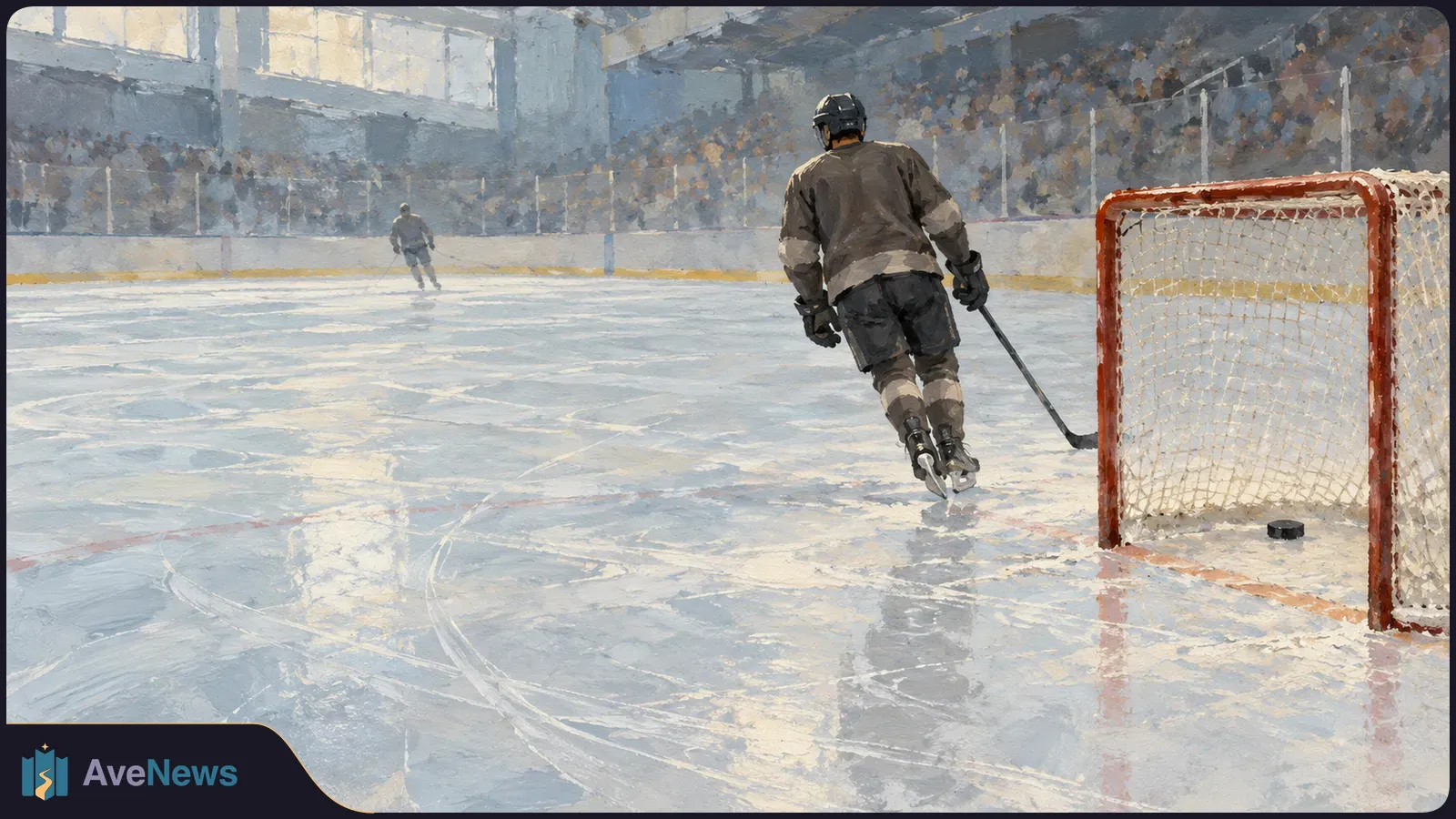 Painterly illustration of two hockey players on an indoor rink, one skating past a red goal with a puck inside it; spectators fill the stands. SI illustration