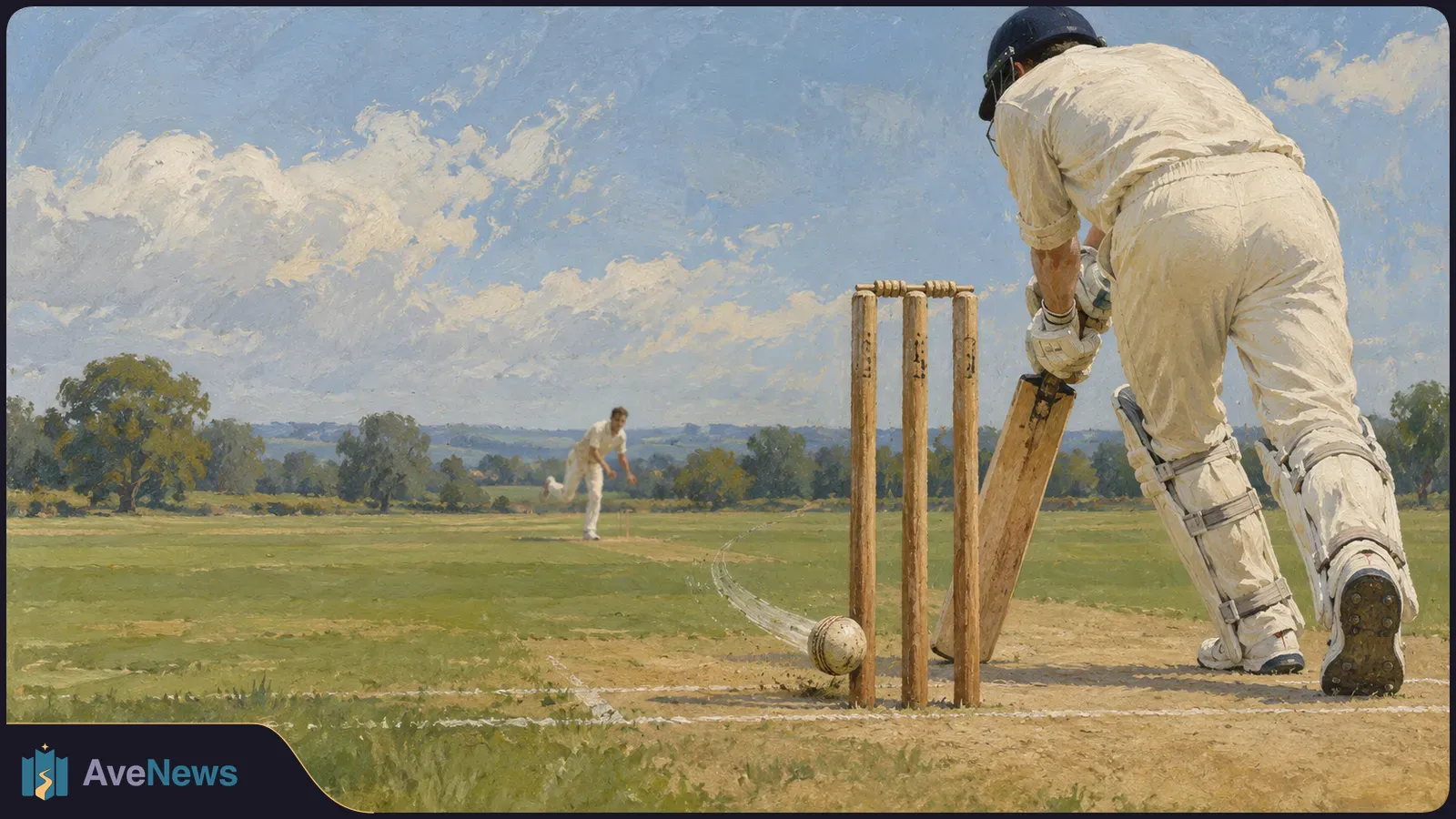 Painted cricket scene: a batter in white stands beside the stumps as a ball approaches, with a bowler in the distance under a cloudy sky. SI illustration