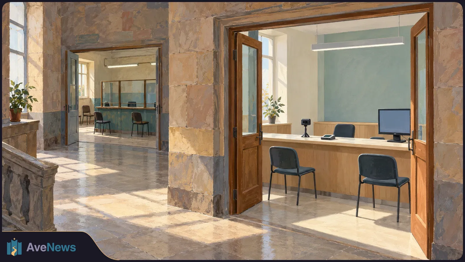 Sunlit stone hallway with two open service offices; one has a counter, chairs, a small camera and a blank monitor. SI illustration