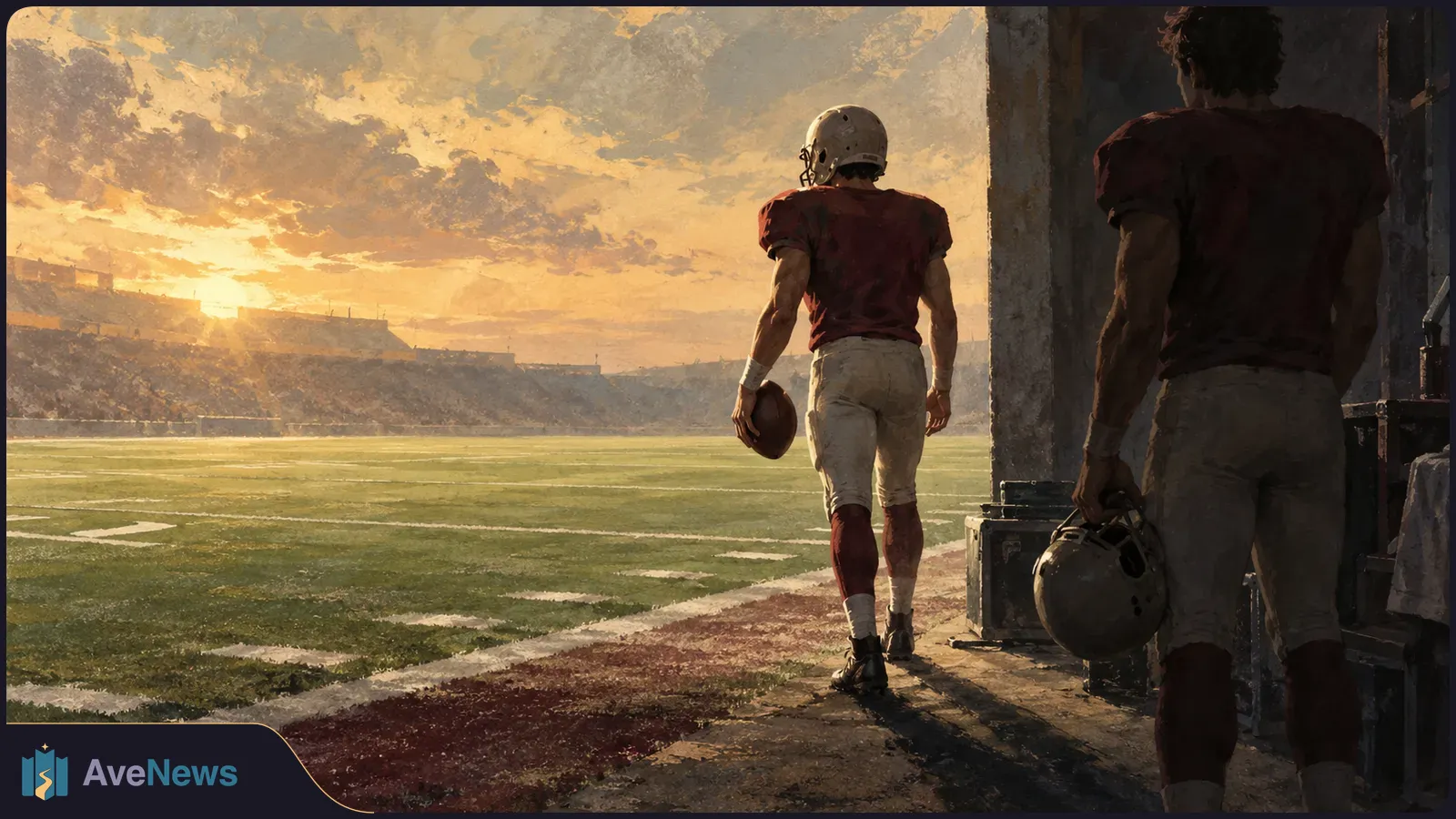 At sunset, a helmeted football player carries a ball toward the field while another holds a helmet in the shadowed tunnel; stadium stands fill the background. SI illustration