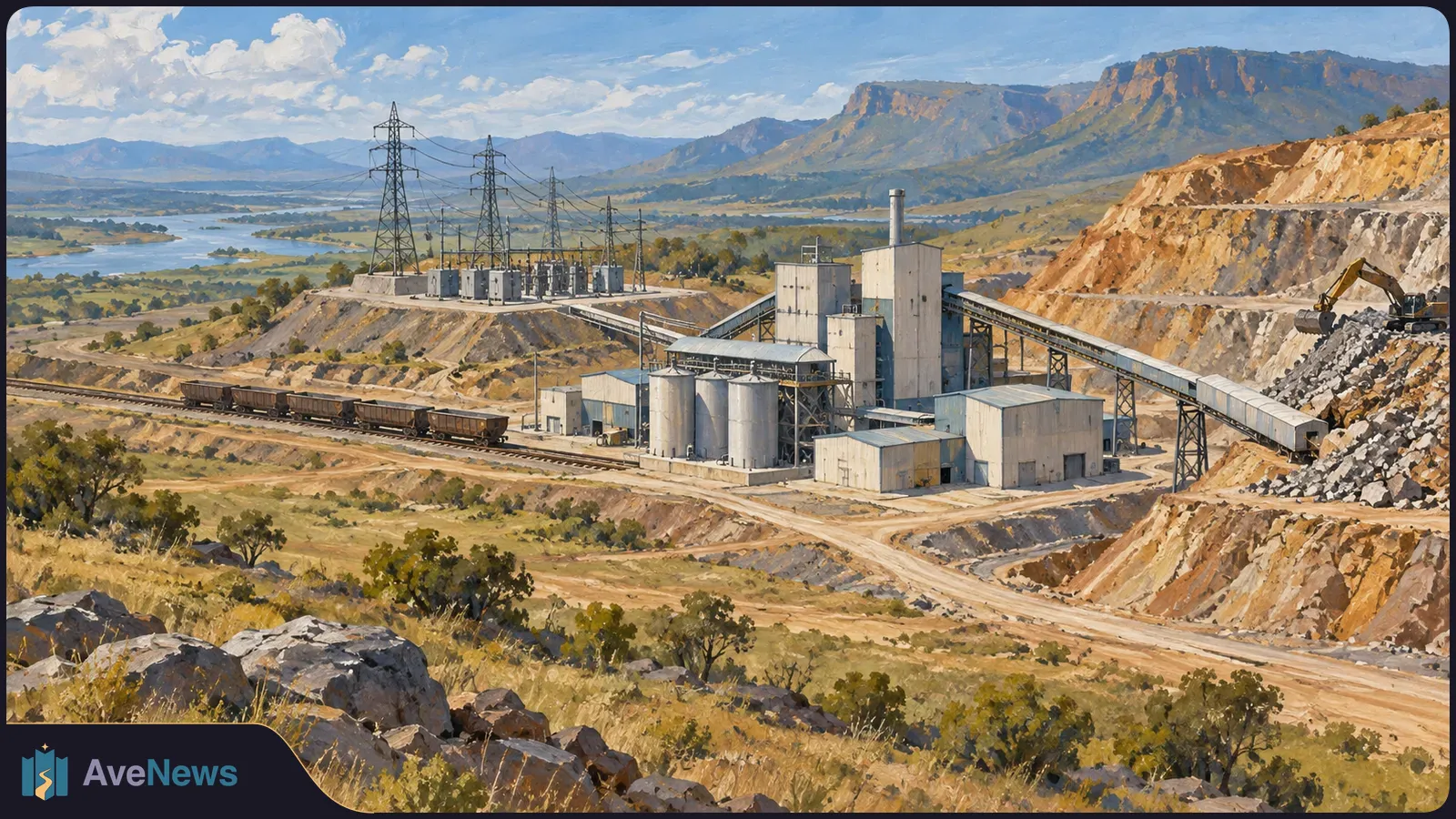 Painted wide view of an industrial plant beside a quarry, with conveyors, silos, rail wagons and power pylons amid dry hills and distant water. SI illustration