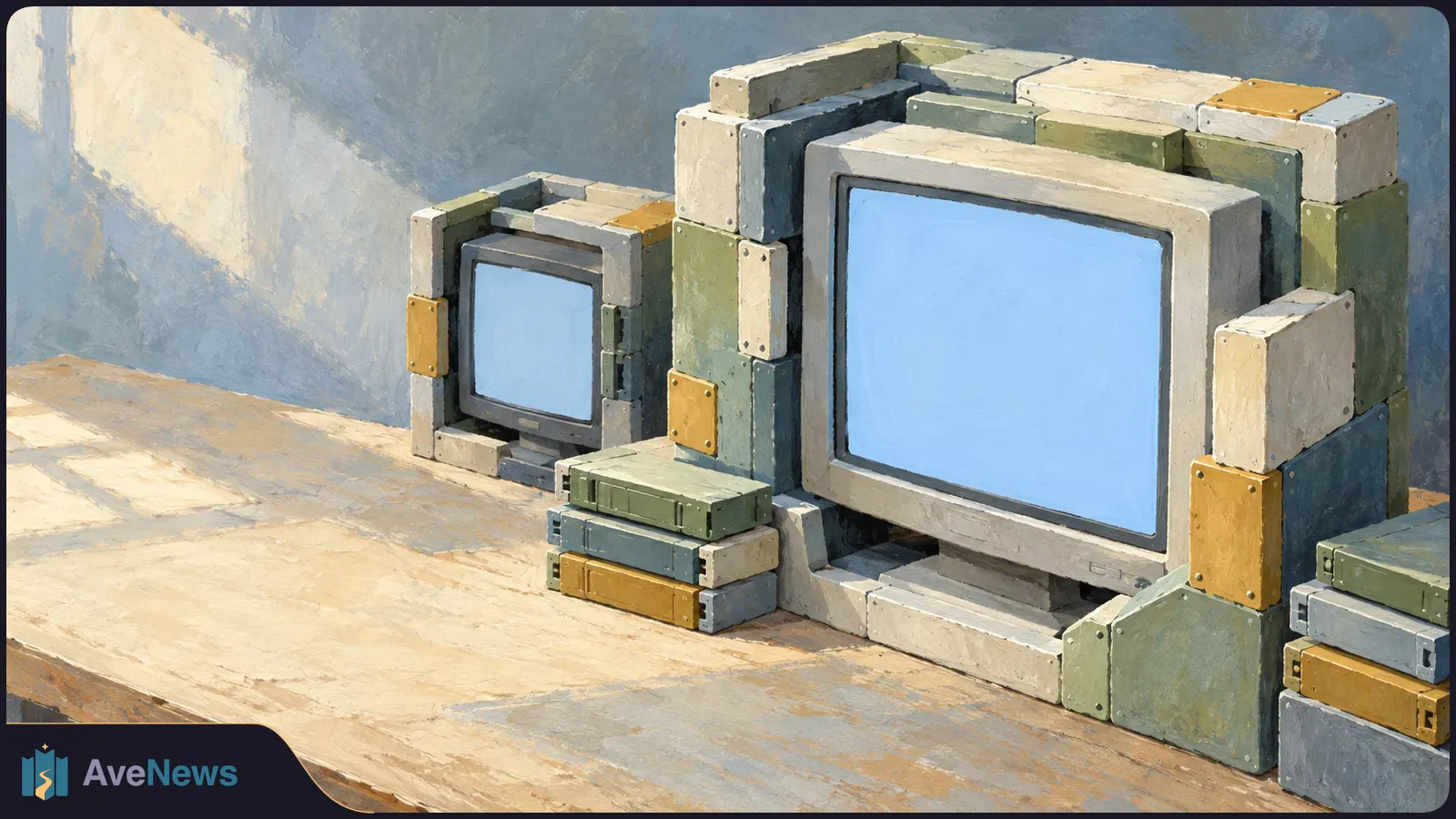 Painterly illustration of two bulky computer monitors with blank blue screens, surrounded by stacked rectangular components on a wooden table. SI illustration