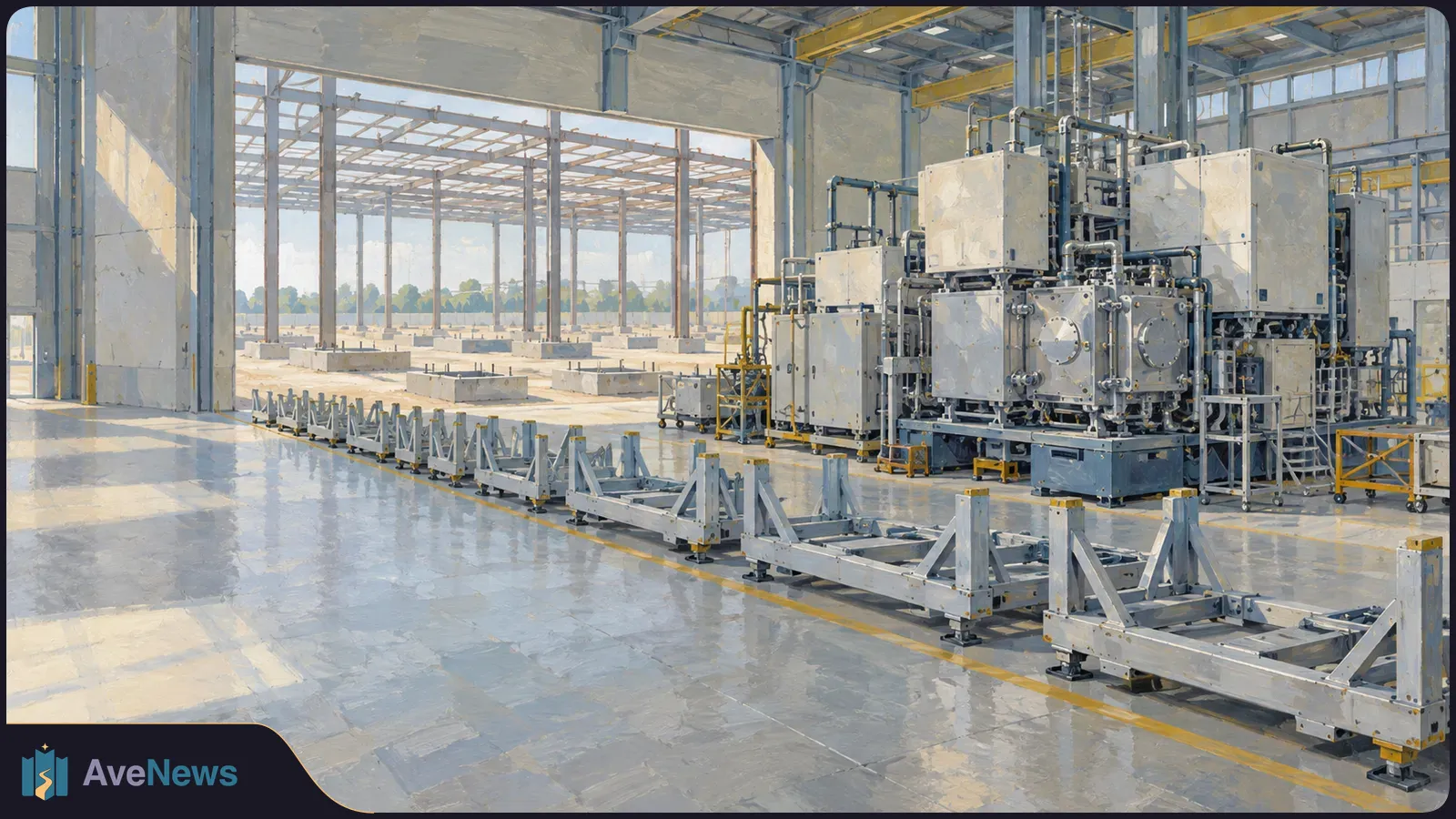 Painterly view of large industrial machines and metal frames inside a bright factory hall, with an unfinished steel structure visible through a wide opening. SI illustration