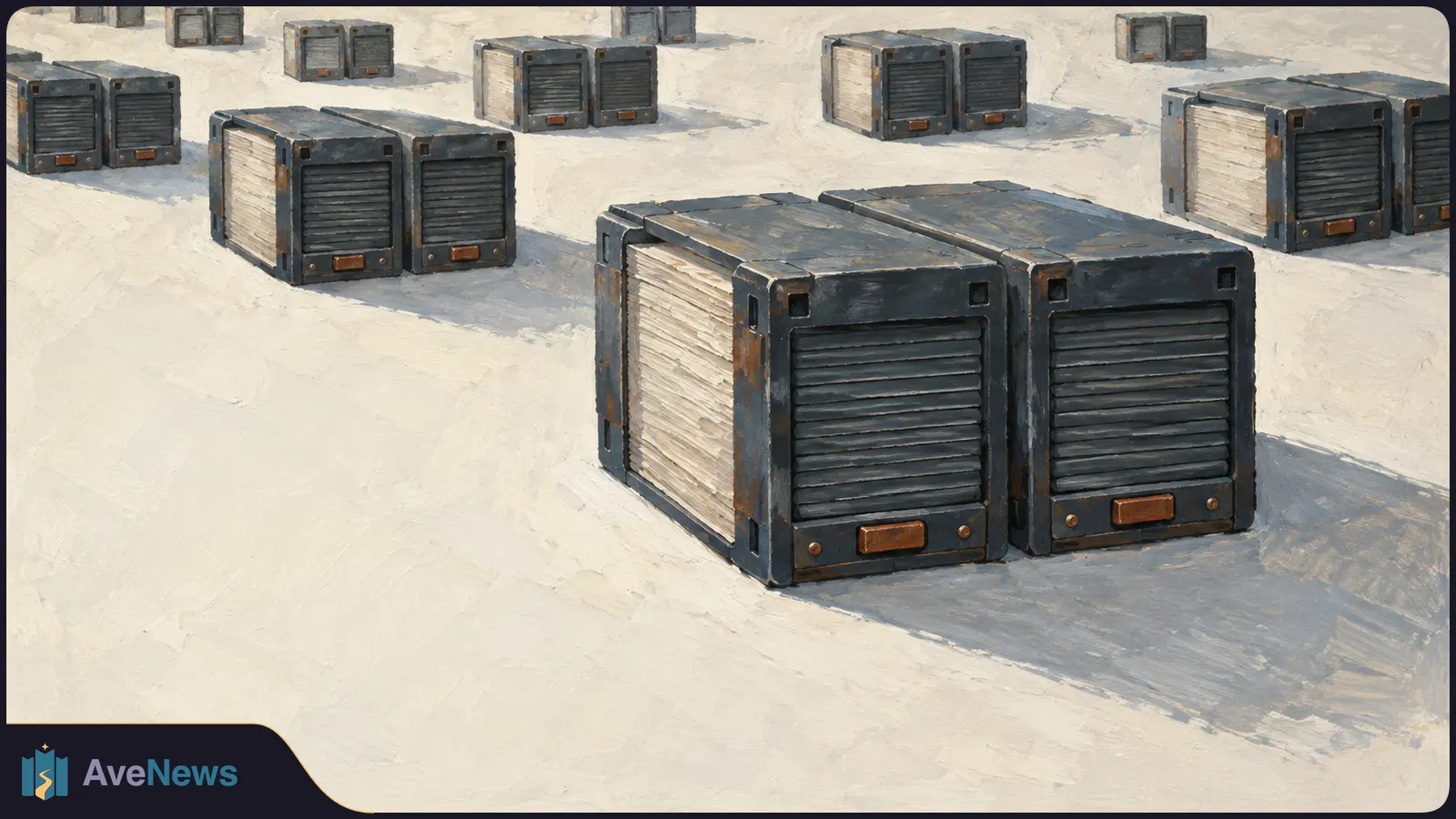 Illustration of rows of dark metal storage boxes with ribbed fronts and pale stacked sides, casting shadows across a light-colored floor. SI illustration
