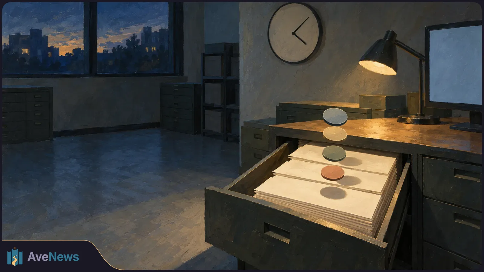 In a painted office at dusk, four colored discs hover above blank papers in an open filing drawer. A wall clock, desk lamp and blank monitor sit nearby. SI illustration
