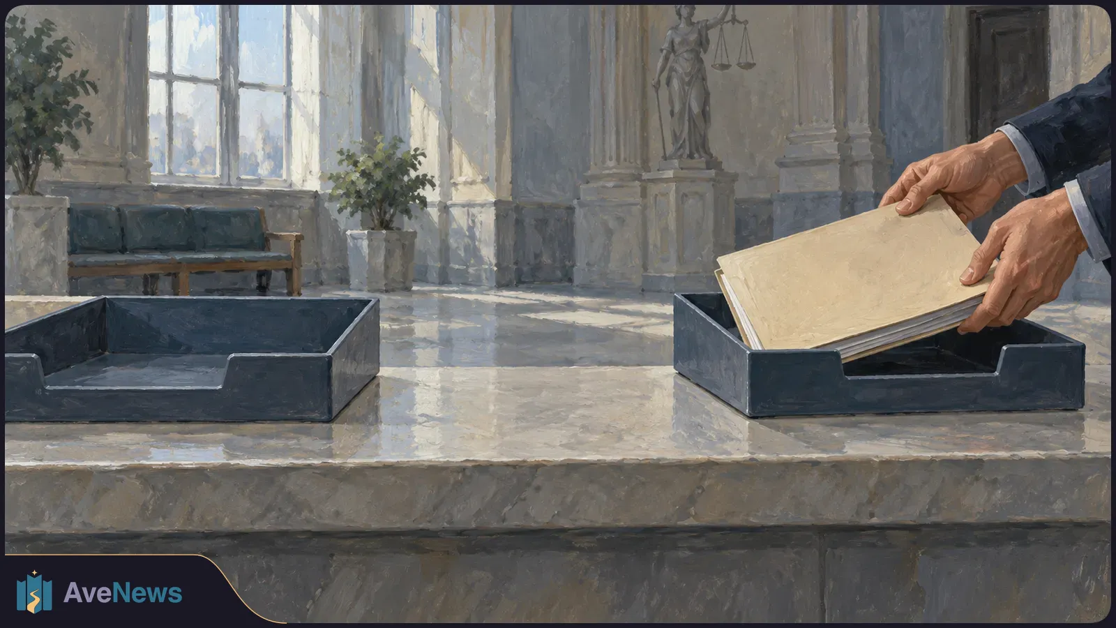 Illustration of hands placing a beige folder in a dark document tray on a stone counter. An empty tray, windows, plants and a statue holding scales are behind it. SI illustration