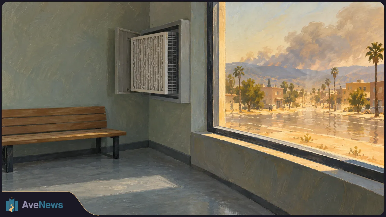 Painted interior with a wooden bench and an open wall-mounted air filter. Through a large window, a sunlit street, palm trees and smoke rising beyond the hills are visible. SI illustration