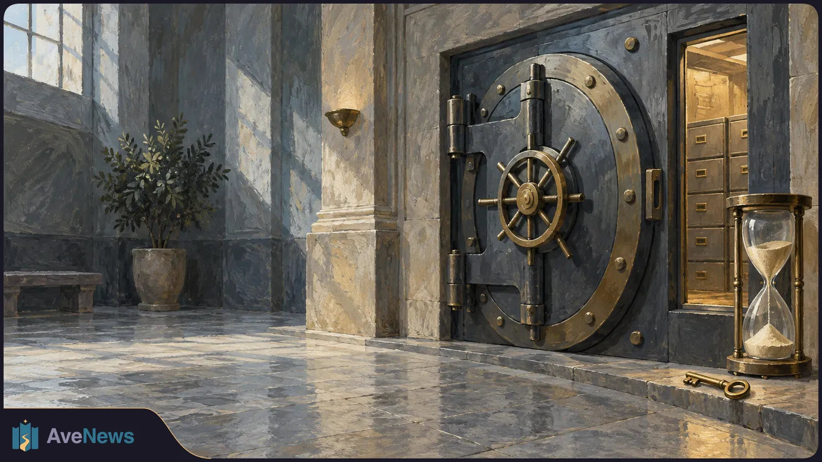 A painted stone interior with a closed vault door, drawers visible through a side opening, and an hourglass and key beside the door. SI illustration