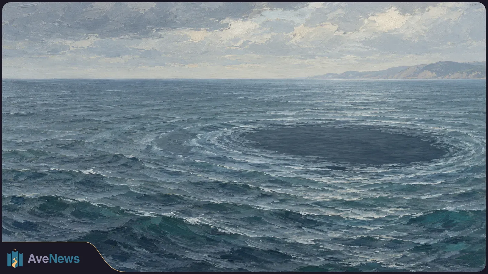 Painting of choppy blue-gray sea with a large dark circular patch ringed by waves, beneath a cloudy sky; a distant coastline appears on the right. SI illustration