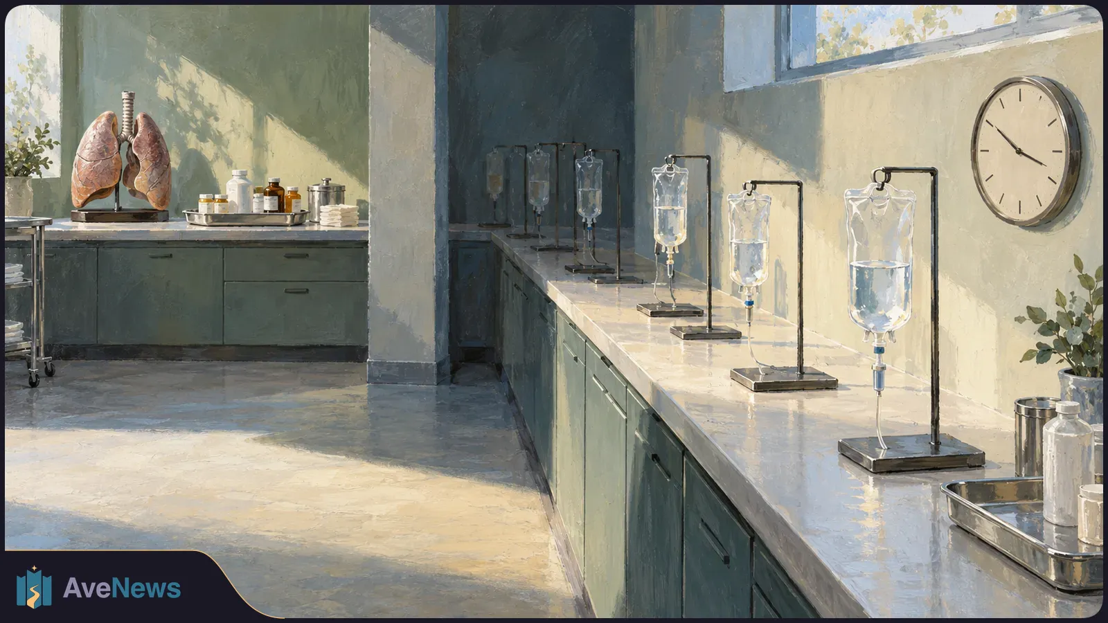 Painted clinical room with an anatomical lung model, a row of IV bags and a wall clock in warm window light. SI illustration